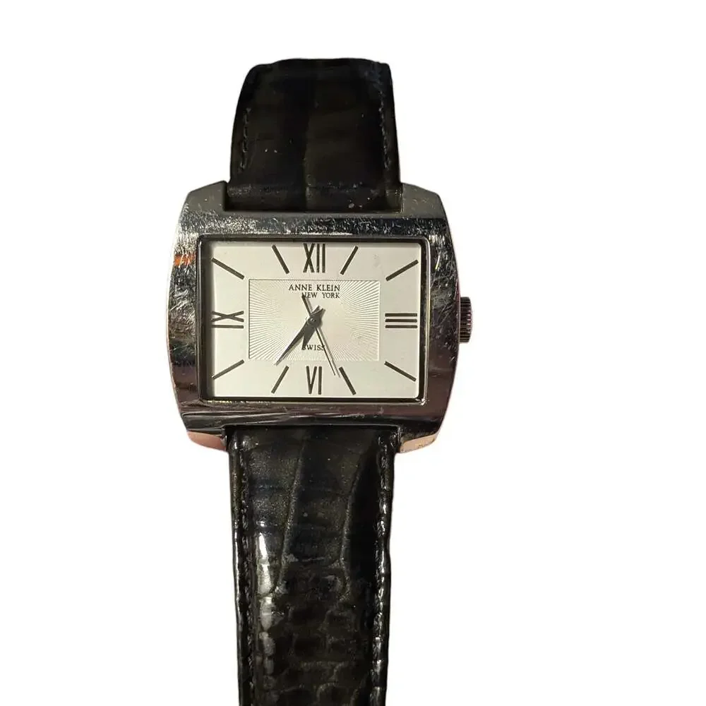 Anne Klein New York Rectangular Watch with Black Croco-Grain Leather Strap